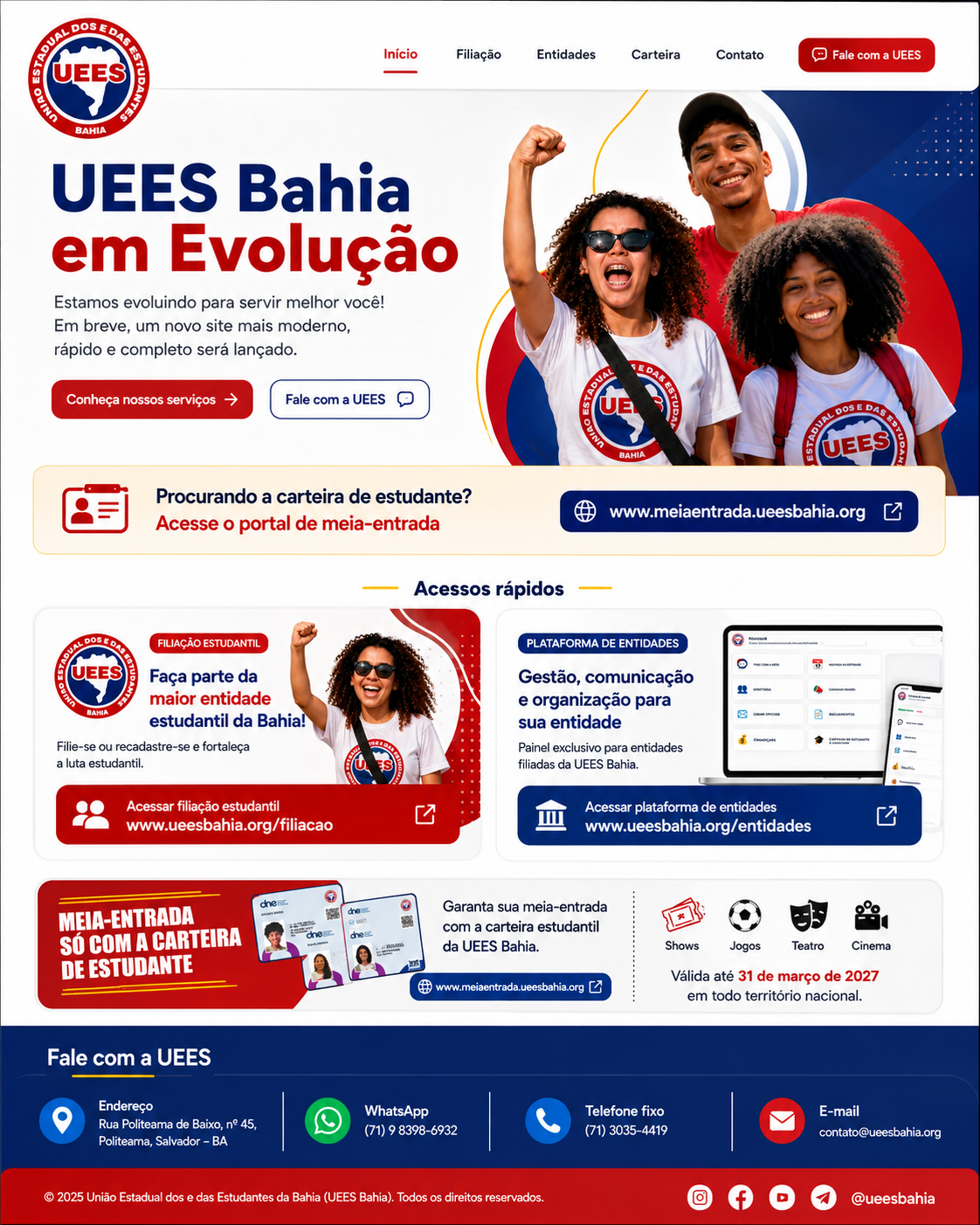 Prévia aprovada da página inicial da UEES Bahia em evolução